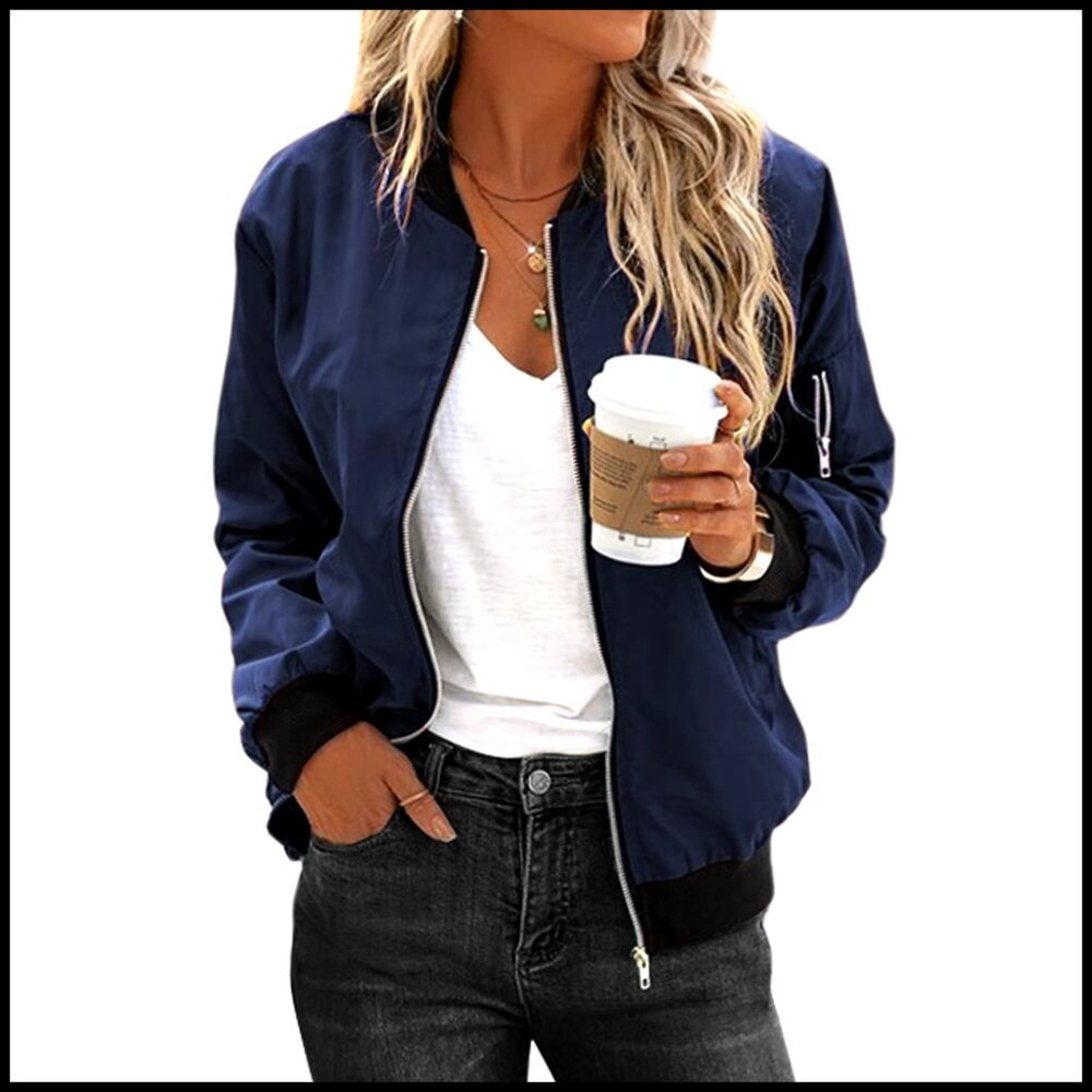 Lightweight Bomber Jacket with Pockets, Zip Up Casual Coat for Spring Fall